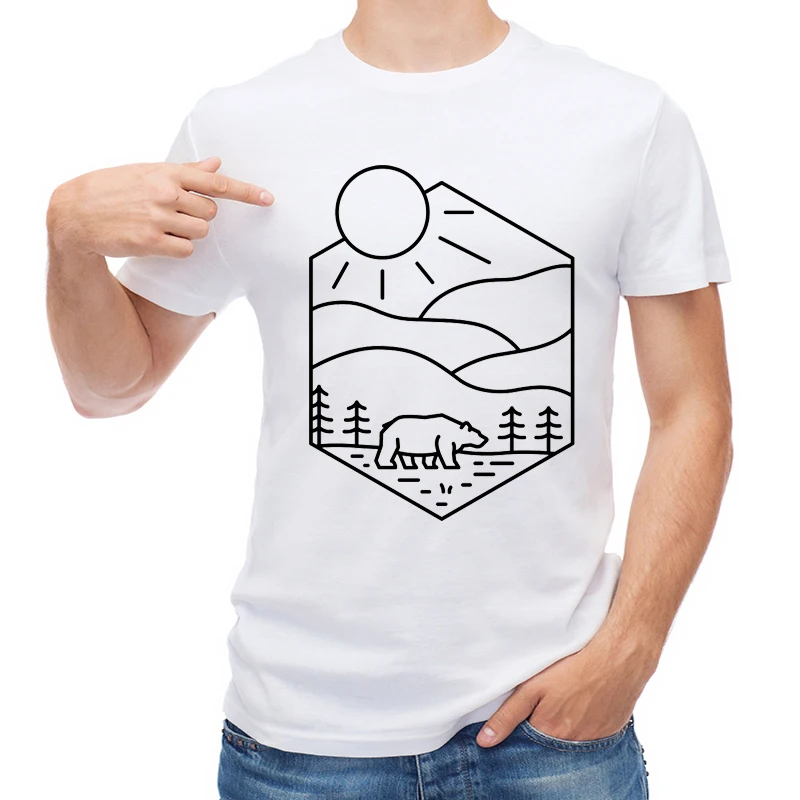 

TEEHUB Newest Simple Lines Men T-shirt Fashion Mountains And A Bear Printed Short Sleeve T Shirt O-Neck Tops Cool Tees