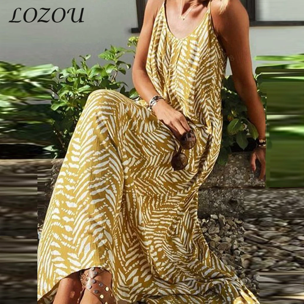 

Summer Vintage Casual Sundress Female Beach Round Neck Women Boho Sexy Long Dress Suspenders Print Maternity Vestidos Yellow