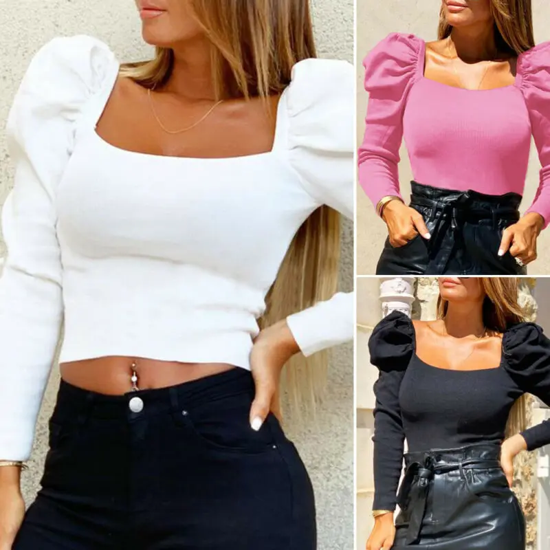 2020 Vintage Women Sexy Crop Tops Autumn Winter Clothes Puff Sleeve Ruffle T-Shirts Elegant Ladies Casual Tees Streetwear | Женская