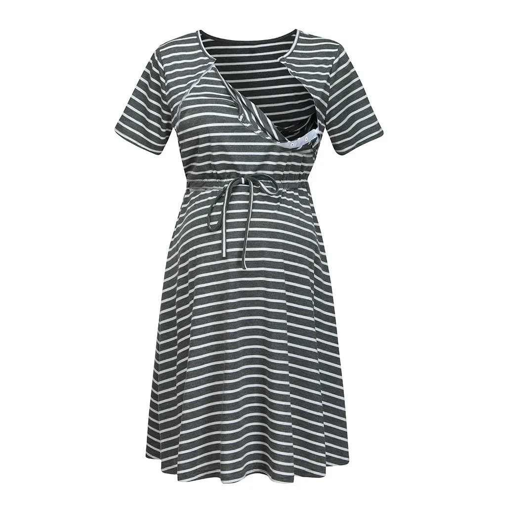 Женская ночная рубашка в полоску с коротким рукавом для грудного вскармливания