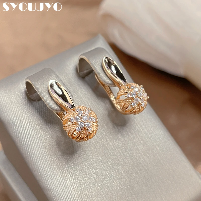 

SYOUJYO Luxury Designer Crystal Flower Ear Clips Earrings For Women Hollow 585 Gold Jewelry Natural Stone Vintage Earrings