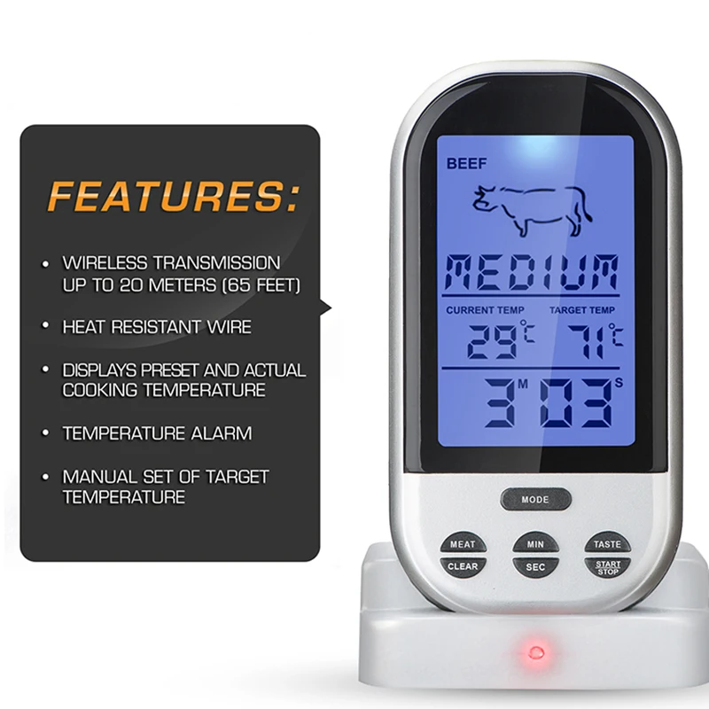 

Wireless Digital Oven Thermometer Meat BBQ Grilling Food Probe Kitchen Thermometer Cooking Tools With Timer Meat Thermometer