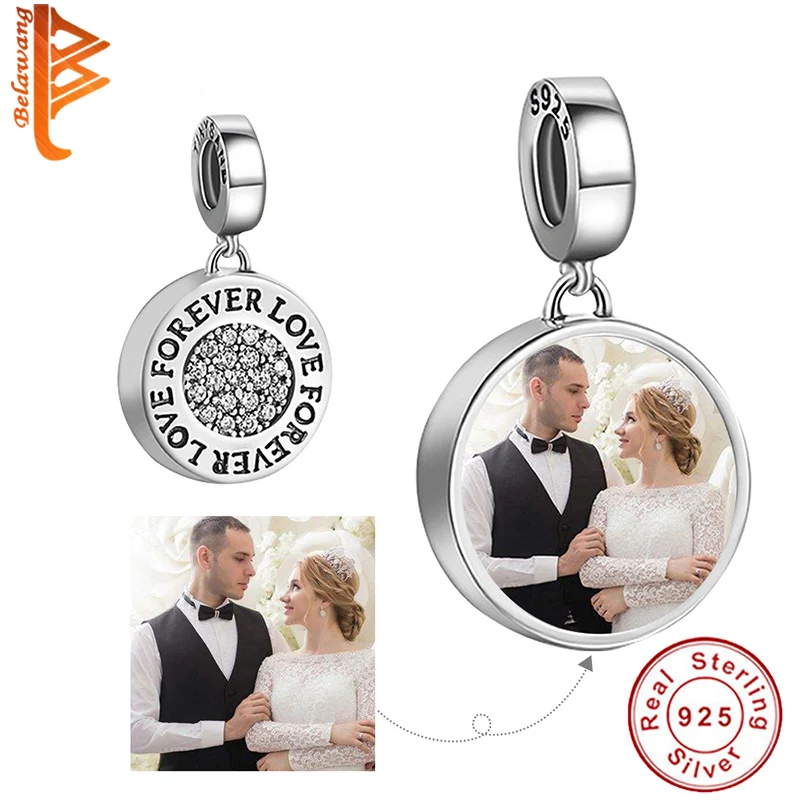

BELAWANG Customized Photo 925 Sterling Silver FOREVER LOVE Beads Charms Fit Original Bracelet Necklace Pendant DIY Jewelry