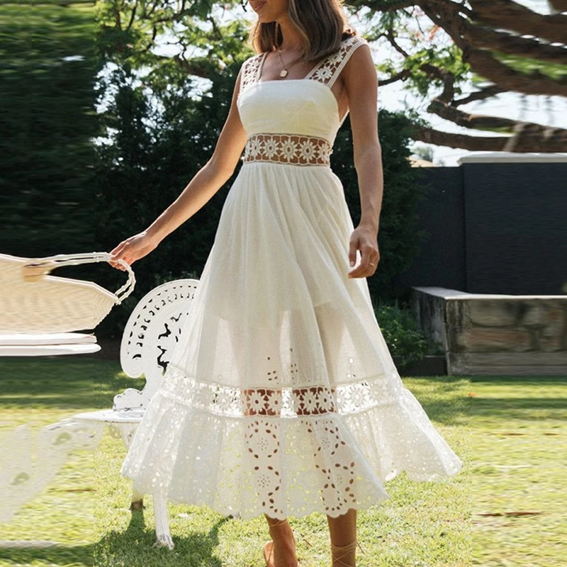 

Elegant Strap Embroidery White Midi Dress Hight Waist Lace Hollow Out Ladies Vintage Vestido Spring Summer