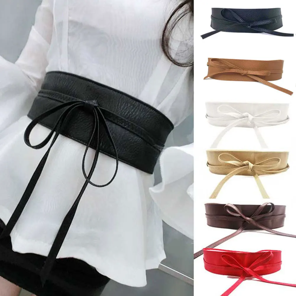 

Women Lady Sexy PU Leather Elastic Corset Waistband Stretch Buckle Waist Belt Bow Wide Beige Black Red White Camel