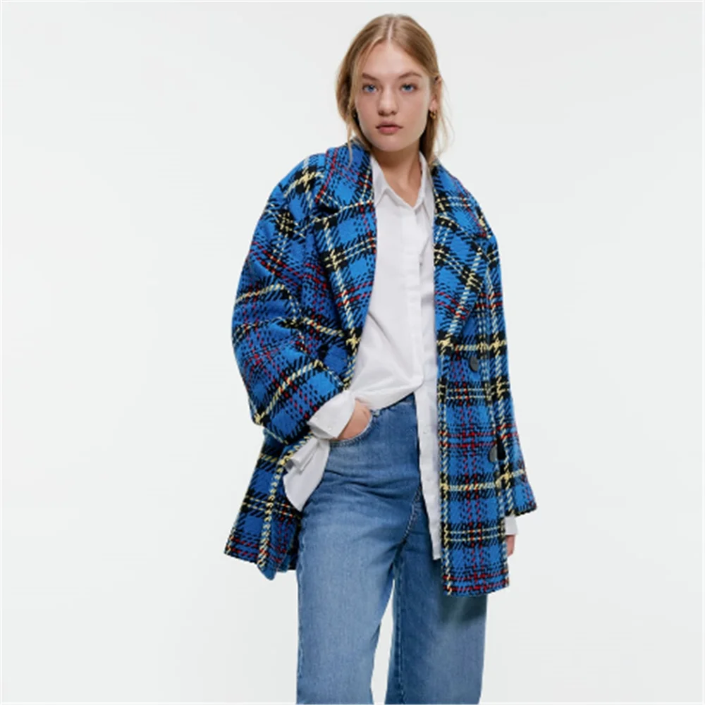 Женский блейзер в клетку ZA повседневный Длинный с отложным воротником и длинным