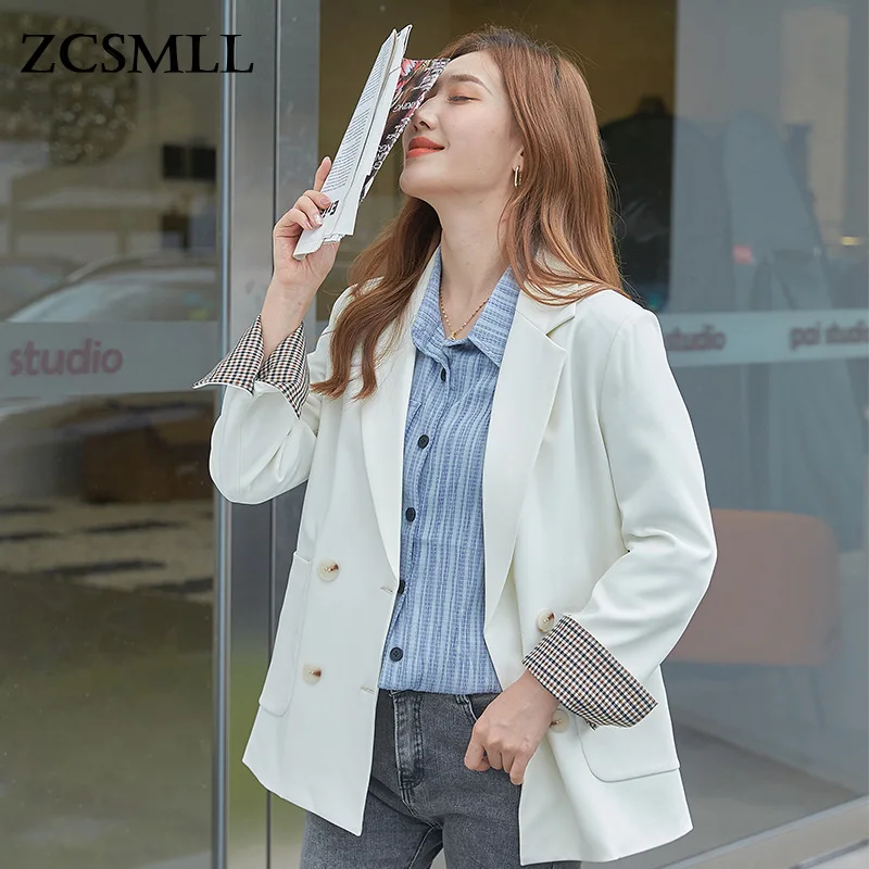 

ZCSMLL, Новинка осени 2021, двубортный пиджак в Корейском стиле, Женский однотонный белый пиджак