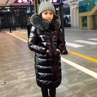 children real fur colloar down jacket for cold winter boys girls knee length thick warm bright surface coats kids hooded parkas