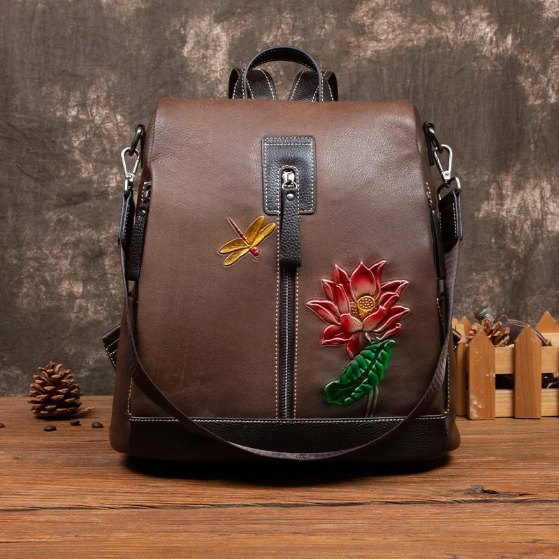 

Nesitu Highend Flower New A4 Vintage Grey Coffee Brown 100% Genuine Leather Women Backpack Female Girl Shoulder Bag M3621