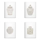 Ваза в китайском стиле серо-белая-печать на горшке имбиря-набор из 4 предметов-печать традиционных азиатских ВАЗ-шикарное украшение в китайском стиле сепия-B