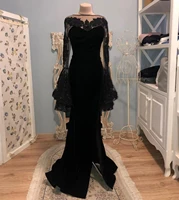 sexy mermaid long sleeve vening dres black 2021 new puff lace appliques v back court train women formal party gowns elegant