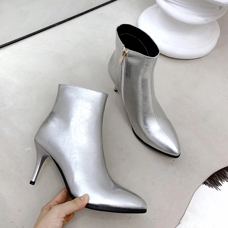 silver Short plush Г. Новые ботинки черные женские ботильоны ботинки на высоком массивном каблуке с острым носком женские туфли-лодочки с металлическим зеркалом пикантные женские ботинки на шпильке - Цвет: silver Short plush
