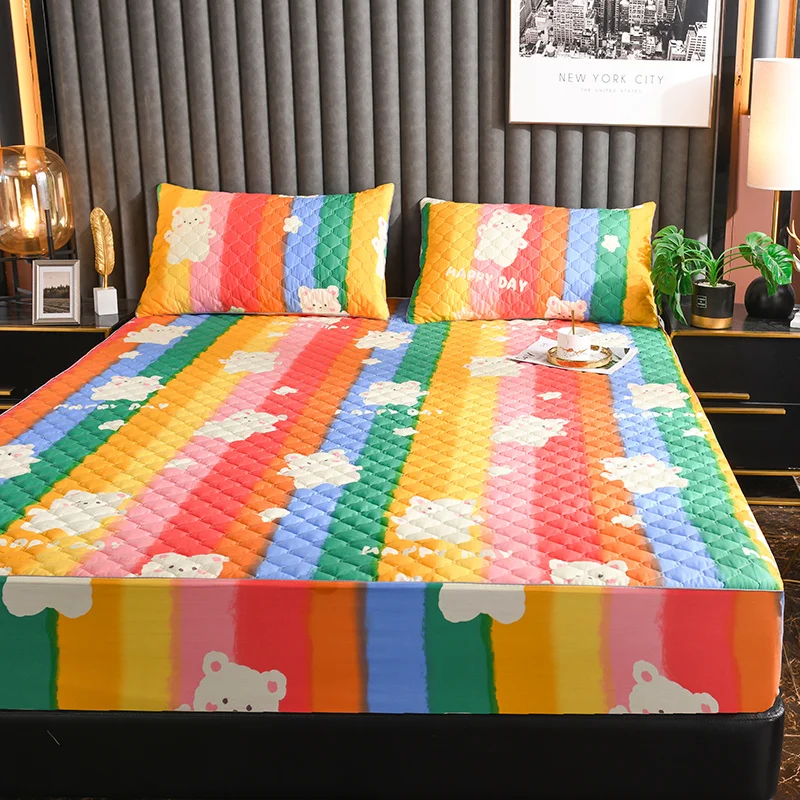 

Rainbow Bed Fitted Sheet Cartoon Bear Quilted Soft Linen Mattress Protector Pad Cover for Women Men Home Decor