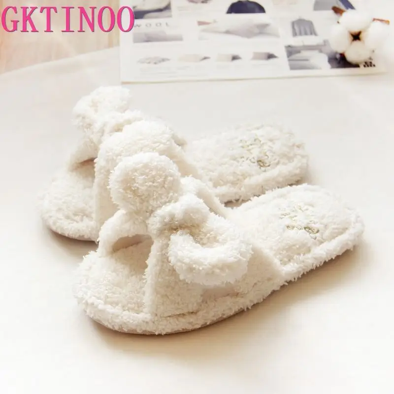 

Flock Bowtie Spring Summer Women Home Slippers For Indoor Bedroom House Soft Bottom Cotton Warm Shoes Adult Guests Flats