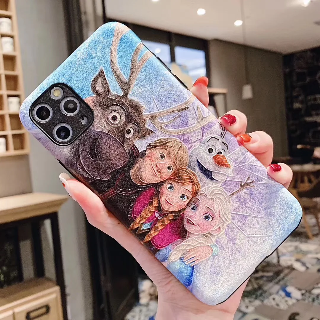 Cute Cartoon Anna Elsa princess Silk relief Case For Apple iPhone 11 pro X Xs Max Xr 7 8 6 s Plus sven Olaf Girl Phone Cover |