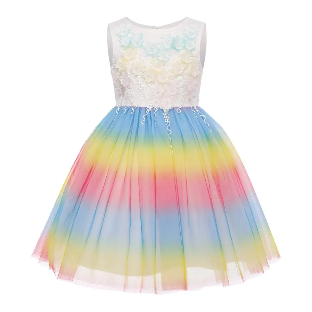 Радужное платье с единорогом милое детское бальное без рукавов для девочек из