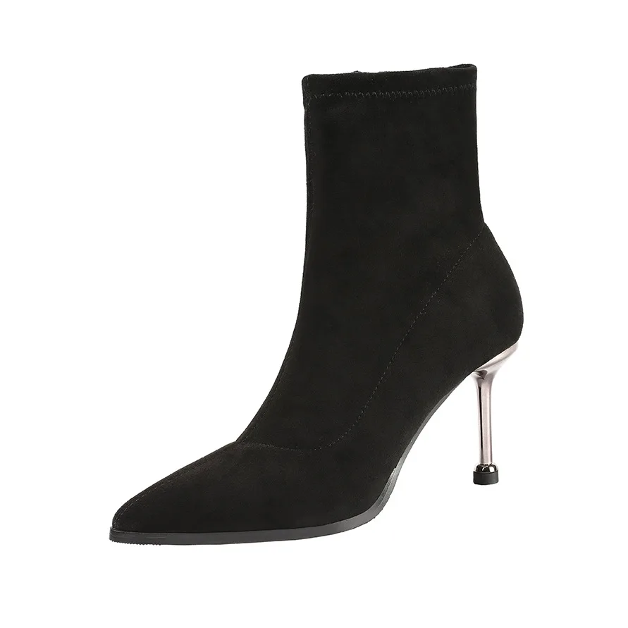 

2020 New Winter Women Ankle Boots High Thin Heel Pointed Toe Solid Zipper Sexy Office Ladies Women Shoes Black Short Warm Boots