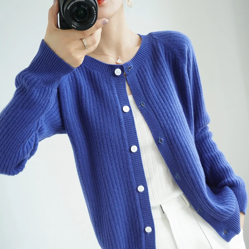 

100% Cashmere And Wool Cardigan Women Coat Autumn O-Neck Collar Warm Jacket Soft Sweater Female Elastic Outwear S-XXL