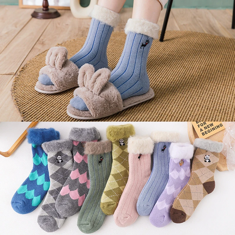 

Носки женские зимние клетчатые средней длины, теплые бархатные плотные носки, сопротивление холоду, Симпатичные хлопковые для сна, карамел...