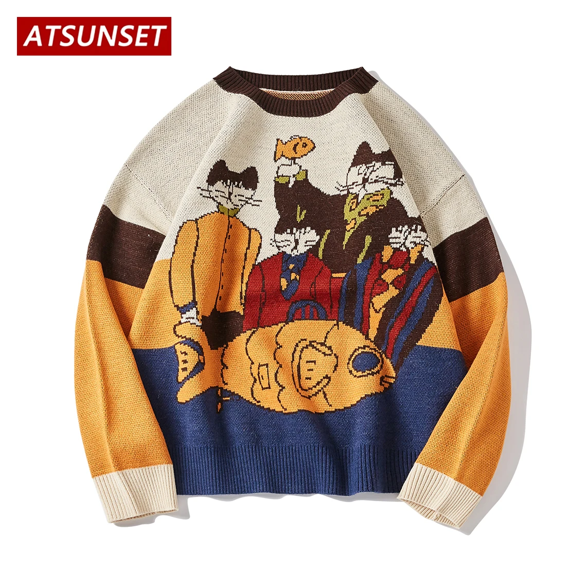 

ATSUNSET Cartoon Cat Demon Embroidery Sweater Harajuku Retro Style Knitted Sweater Autumn And Winter Cotton Pullover Top