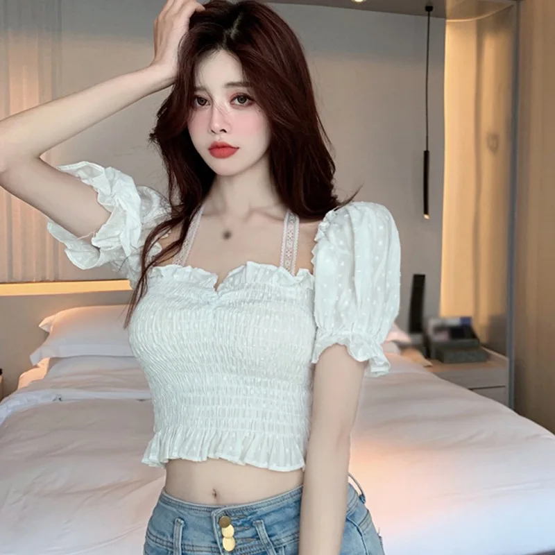 

Summer Women Bubble Sleeve Lace Hanging Neck Slim Short Sleeve Shirt Female Cute Solid Color Office Casual Blouse