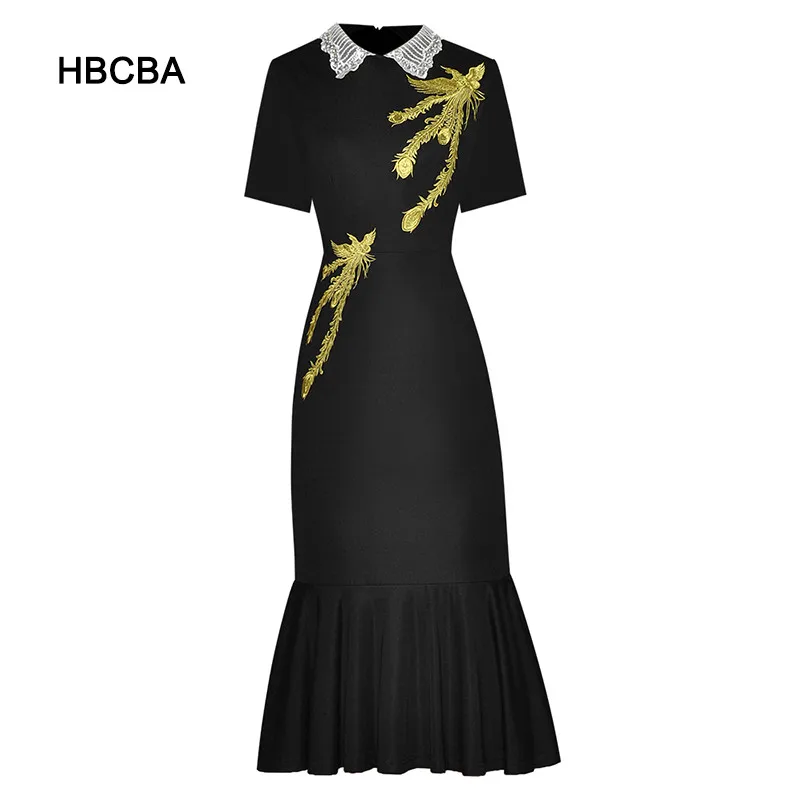 

HBCBA Fashion Runway Dress Summer Women's Dress Turn-down Collar Embroidery Beading Slim Package Hip Mermaid Dress
