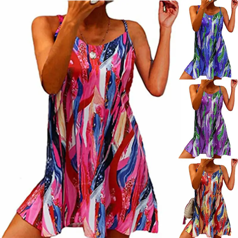 

Женское платье на бретелях-спагетти, женское мини-платье с цветочным принтом, Летний сарафан с круглым вырезом, повседневное женское платье...