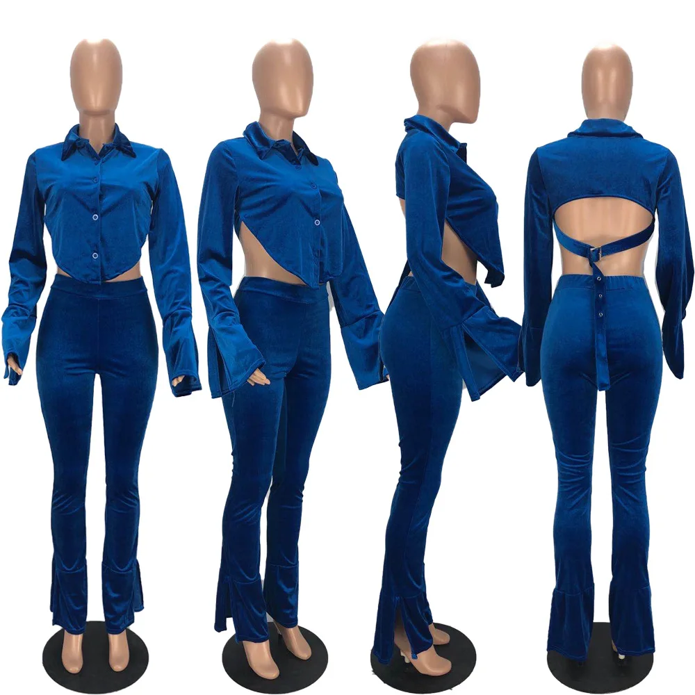 

Two Piece Outfits for Women Long Sleeve Hollow Back Top and Flared Split Pants Sets Sexy Velvet Outfit Wholesale Dropshipping