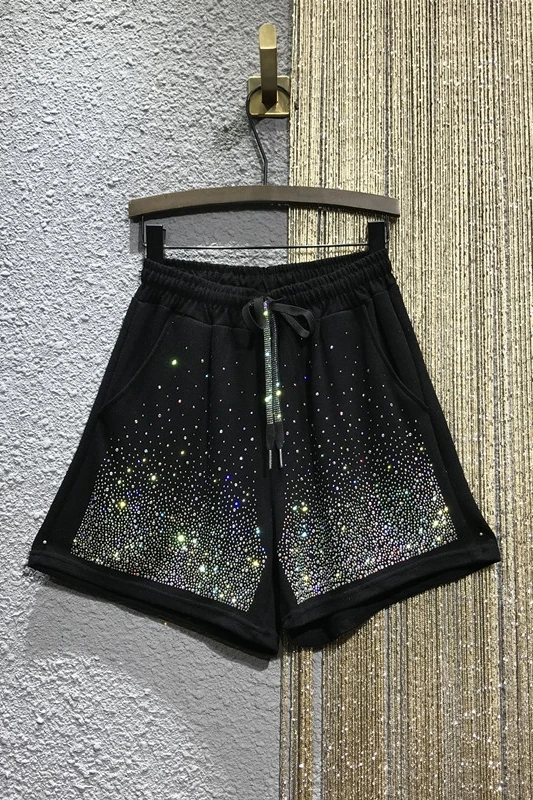 

Starry Hot Rhinestone Casual Women's Clothing 2021 Summer New Elastic Waist Loose Plusa Word Wide Leg Shorts Thin Hotpants