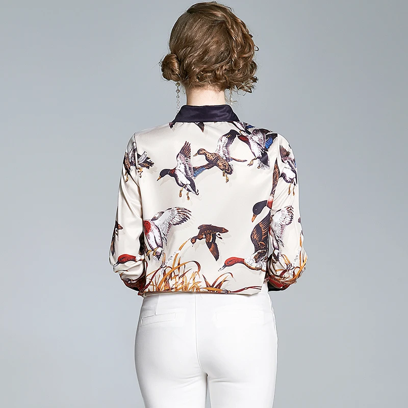 

New Elegant Vintage Fashion Women Spring Autumn Print Slim Shirt Office Lady Turn Down Collar Long Sleeve Blouses Tops