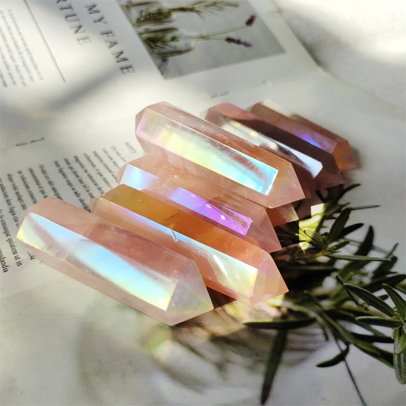

Natural polished healing crystal wand angel aura rose quartz double points reiki craft fengshui tower for decoration