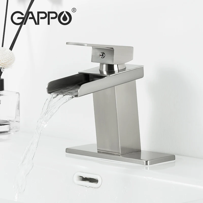 

Gappo Brass Brushed Silver Basin Faucet Waterfall Style Spout Deck Mounted Cold and Hot Water Mixers Washbasin Taps Y100001-D-US