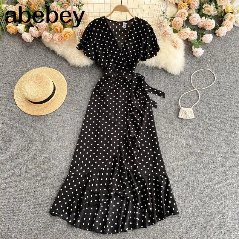 

Women Bohemian Dot Dress Korean Short Sleeve V Neck A-line Dress Summer Fashion Irregular Ruffles Print Wrap Long Dress