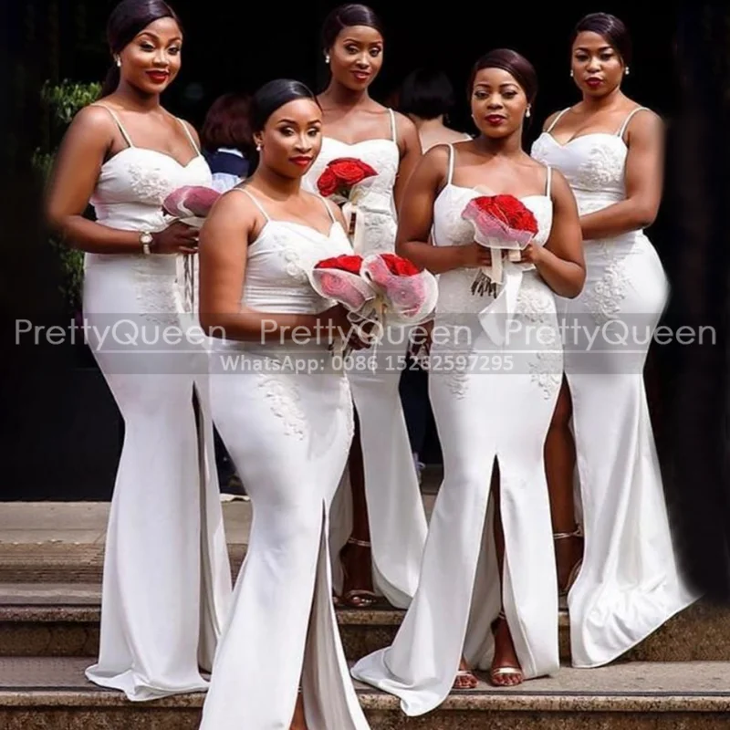 

White Trumpet Long Bridesmaid Dresses With Appliques Front Split Spaghetti Straps Mermaid Wedding Paty Dress Maid Of Honor