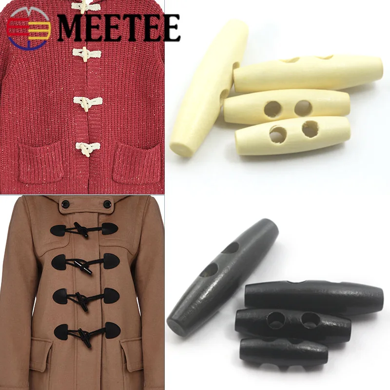 

100pcs Meetee 3-6cm 2 Holes Wooden Buttons Natural Wood Horn Toggle for Wool Sweater Coat Bags Garment Accessories C1-27