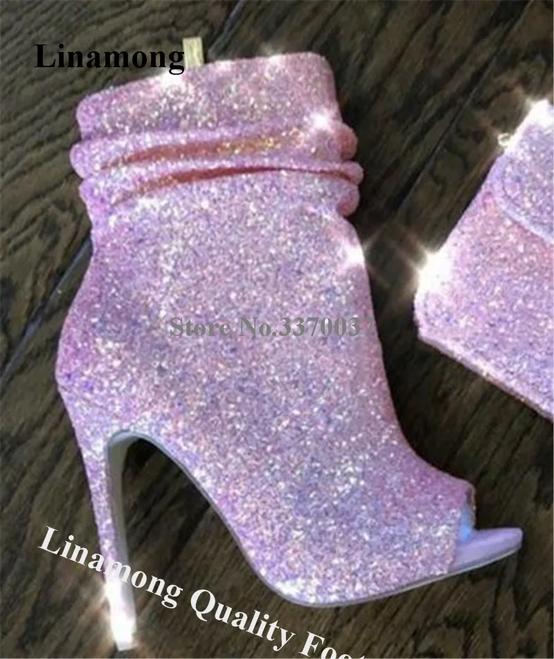 

Bling Для женщин открытый носок с блестками на шпильке полусапожки Розовый Синий Блестки, молния, на высоких каблуках-Столбиках Ботильоны модельные туфли на каблуке