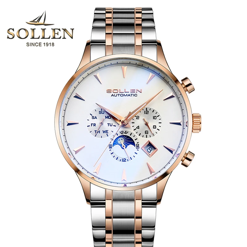 

Luxury Brand Switzerland SOLLEN Automatic Mechanical Men Watches Sapphire Multi-function Dial Moon Phase Stainless Steel SL303-1