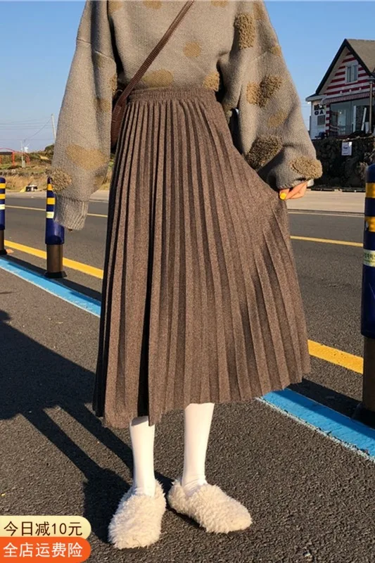 

Skirt Autumn And Winter Women's Skirt A-line High Waist Thin 2021 New Pleated Dress Medium Length Black Fashion