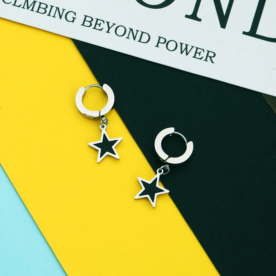 Серьги-подвески с черной эмалью и звездой для женщин серебряные из нержавеющей