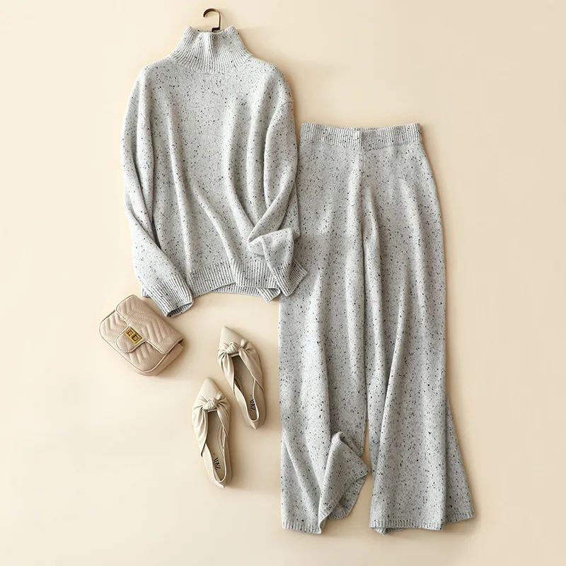 

2021 winter new dot cashmere wool turtleneck sweaters women thick warm pullovers knitted fashion wide leg sweaterpants 2 piece