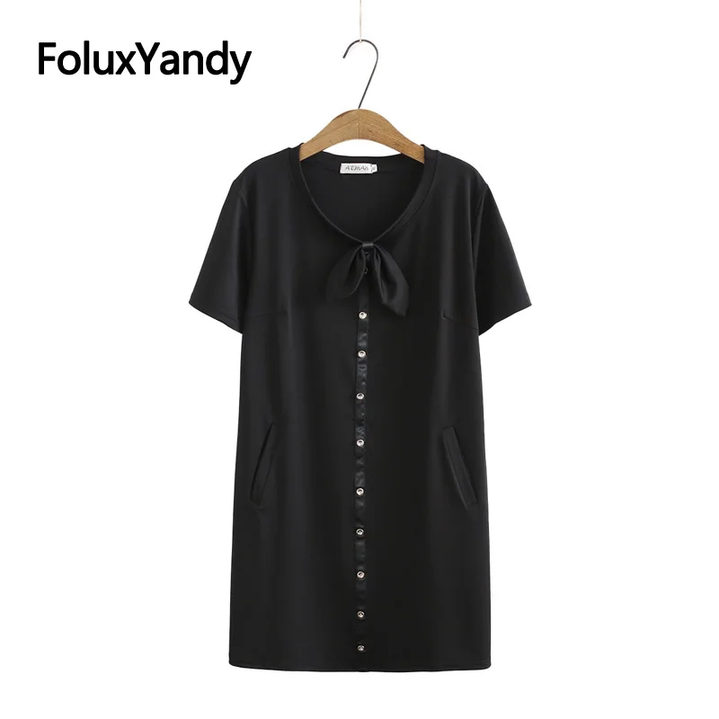 Черные длинные топы, женские летние топы, футболки, повседневные свободные однобортные футболки с бантом и V-образным вырезом, модель KKFY5526