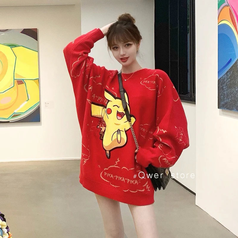 

Новое анимационное периферийное оборудование красный свитер Покемон Пикачу с вышивкой для влюбленных свободные свитера Одежда Рождествен...