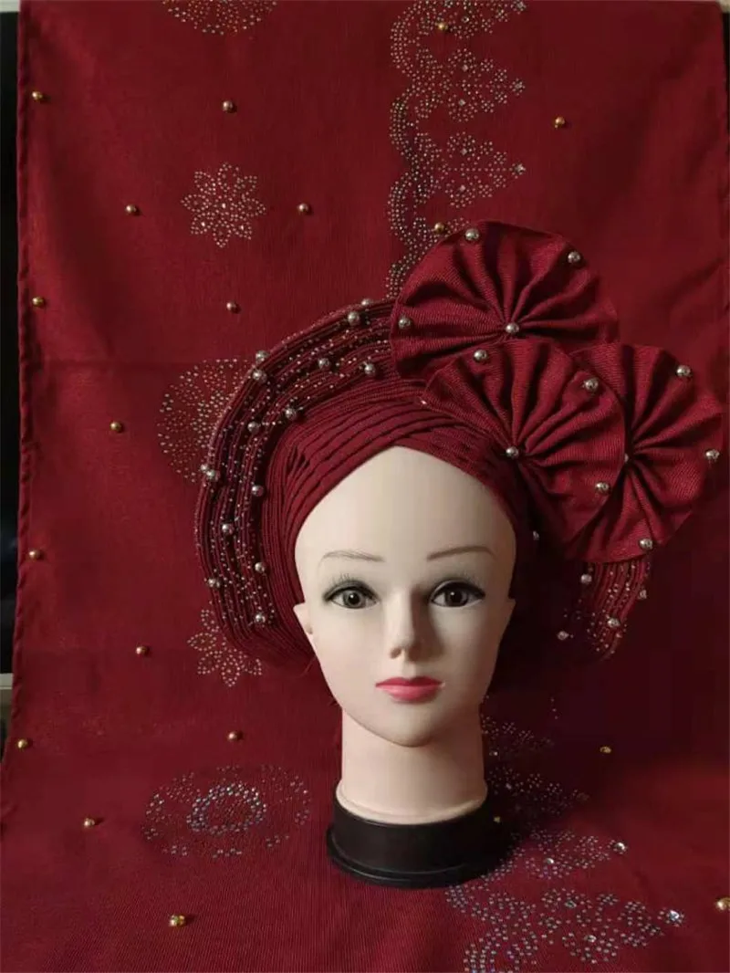 2021 последний дизайн нигерийские модные бусины с камнями Aso Oke Gele головной убор