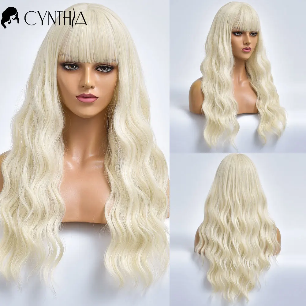 

Long Wave Blonde Daily Hair Colored Synthetic Wigs With Bangs For White Women Heat Resistant Female Natural Cosplay Fiber Wig