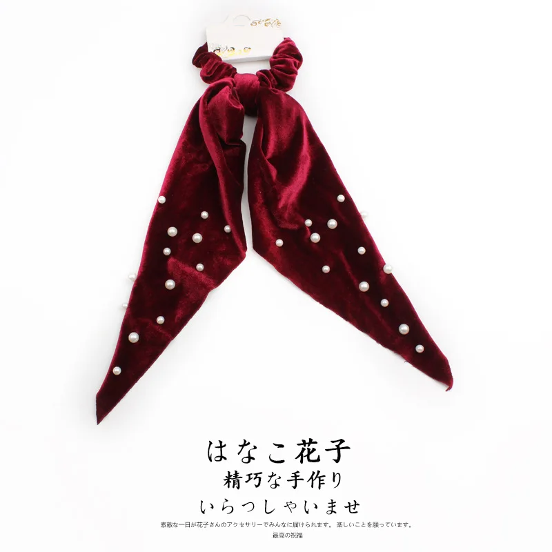 Elegant Velvet Ribbon Scrunchies Pearl Hair Ring Woman Hair Accessories Streamer Hair Ring Ladies Hair Ties Girls Rubber Band - Цвет: red