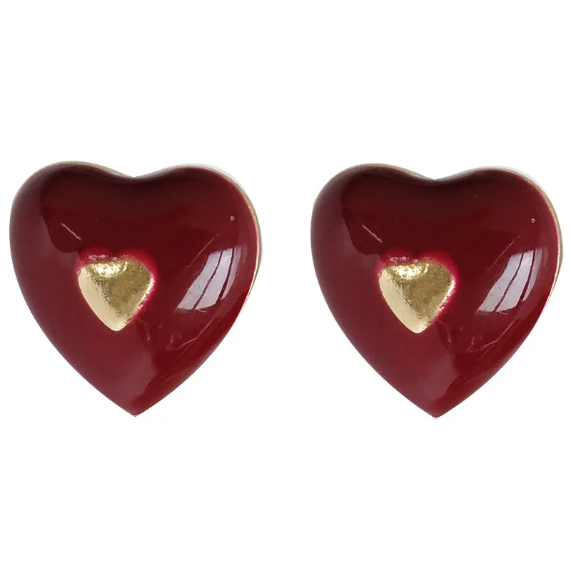 

S925 needle Sweet Jewelry Earrings Hot Selling Golden Red Love Heart Stud Earrings For Female Jewelry Girl Student Gifts