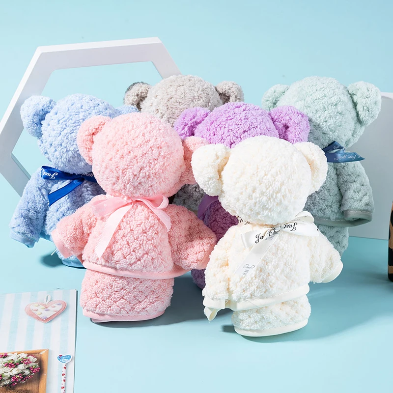 

Coral Velvet Fleece Bear with Bag Absorbent Face Hand Towel Wedding Business Holiday Gifts Bathroom Kids Handkerchief 30x30cm