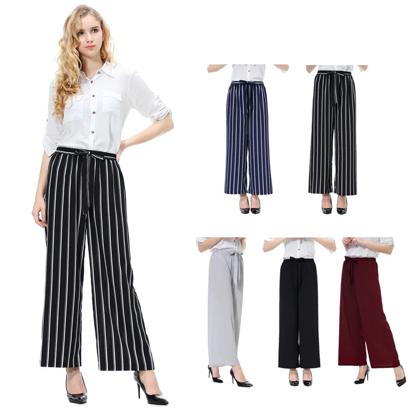 Повседневные полосатые брюки с поясом женская модная одежда высокая талия длина