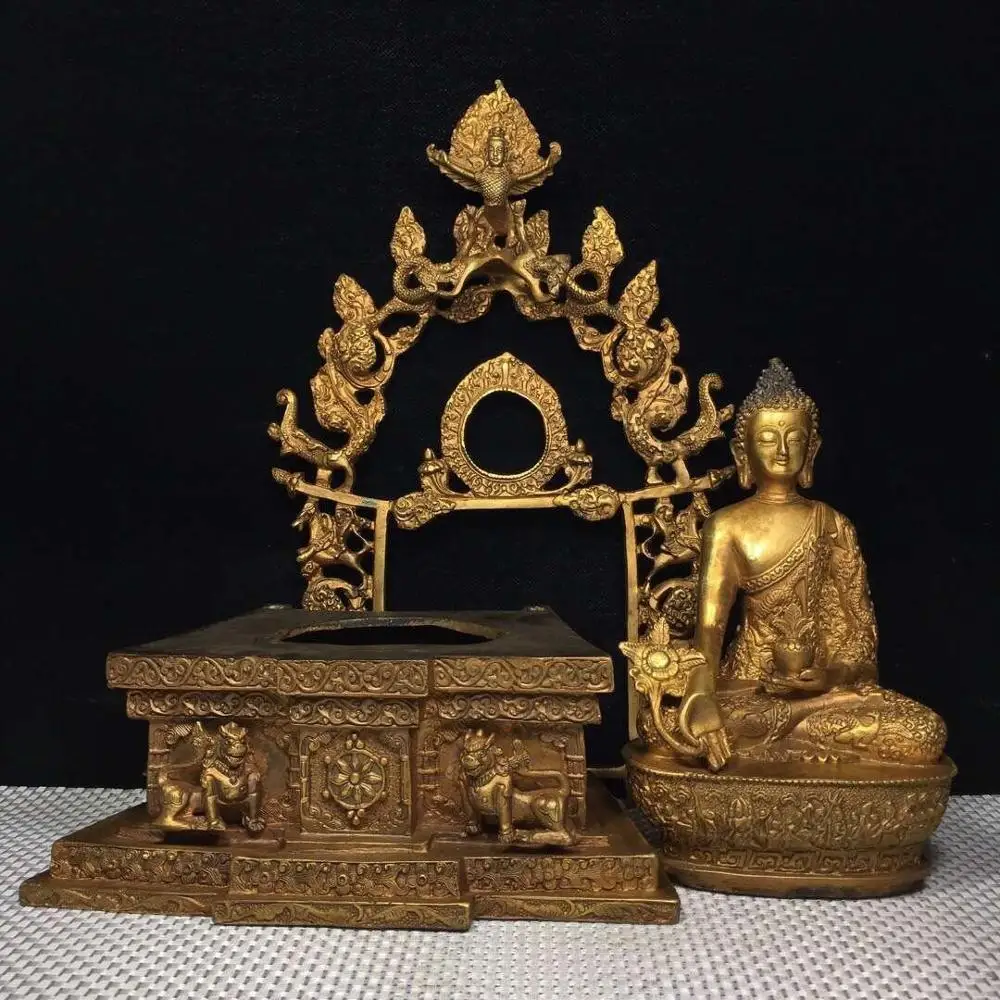 

Wedding 15" Tibet Buddhism bronze gilt Real gold Three Body Buddha Sakyamuni Apothecary Buddha Buddha statue with dragon pattern