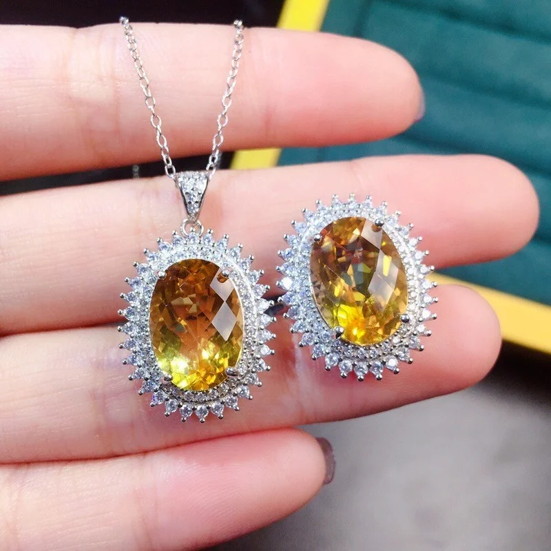 

New Oval Exaggerated Jewelry Sets Yellow Gemstone Pendant Imitation Citrine CZ Necklaces for Women Wedding Engagement Jewelry